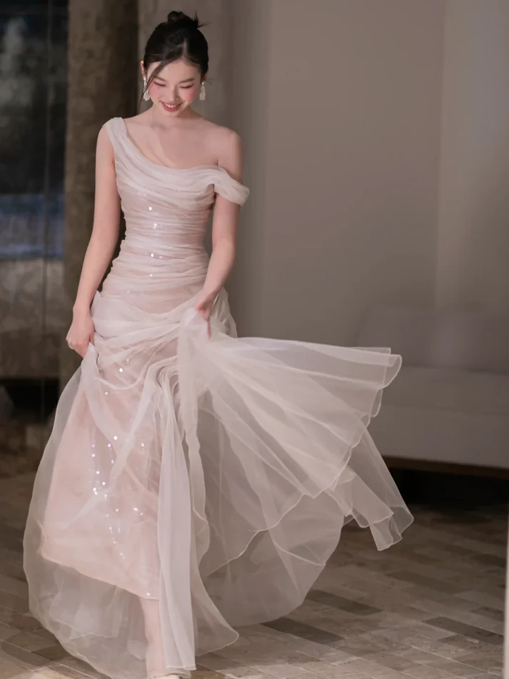 Flowy A Line Off the Shoulder Pleated Tulle Prom Dress Evening Dress