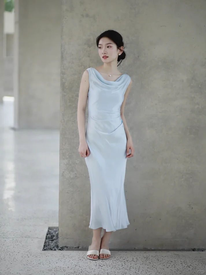 Baby Blue Sheath Straps Pleated Satin Prom Dress Evening Dress