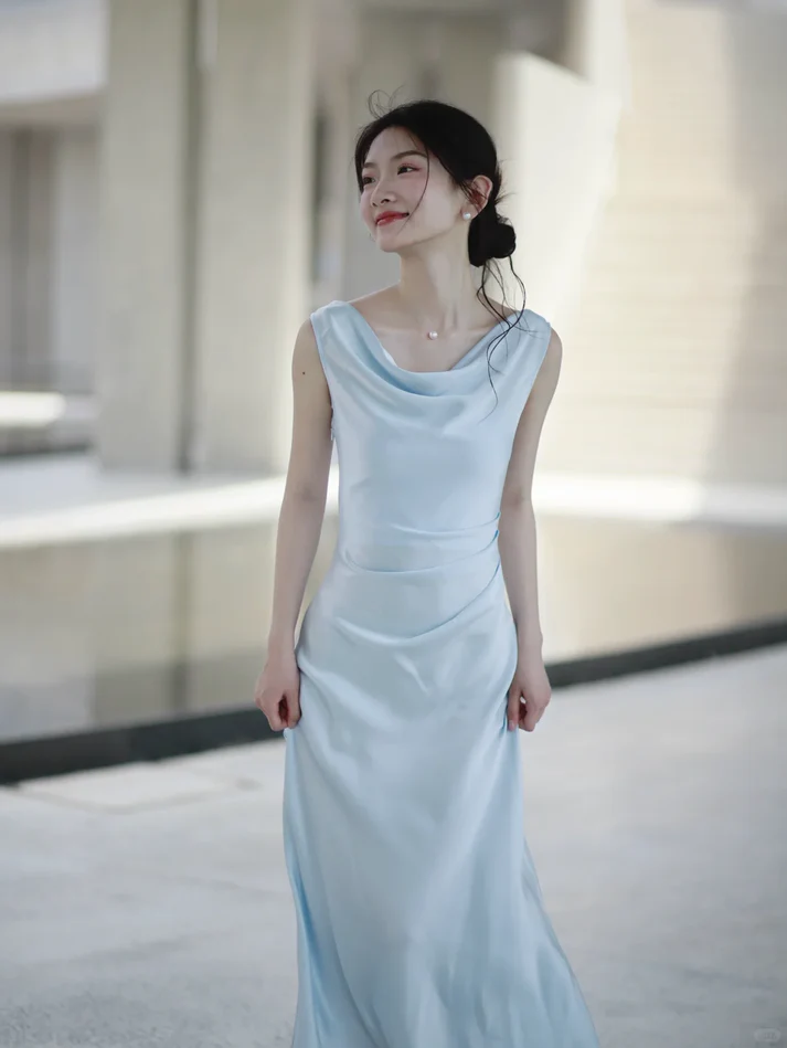 Baby Blue Sheath Straps Pleated Satin Prom Dress Evening Dress