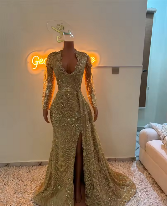 Glitter Champagne Prom Party Dresses 2025 Bead Crystals Luxury Long Sleeves Party Gown Wedding Reception Gown Customized