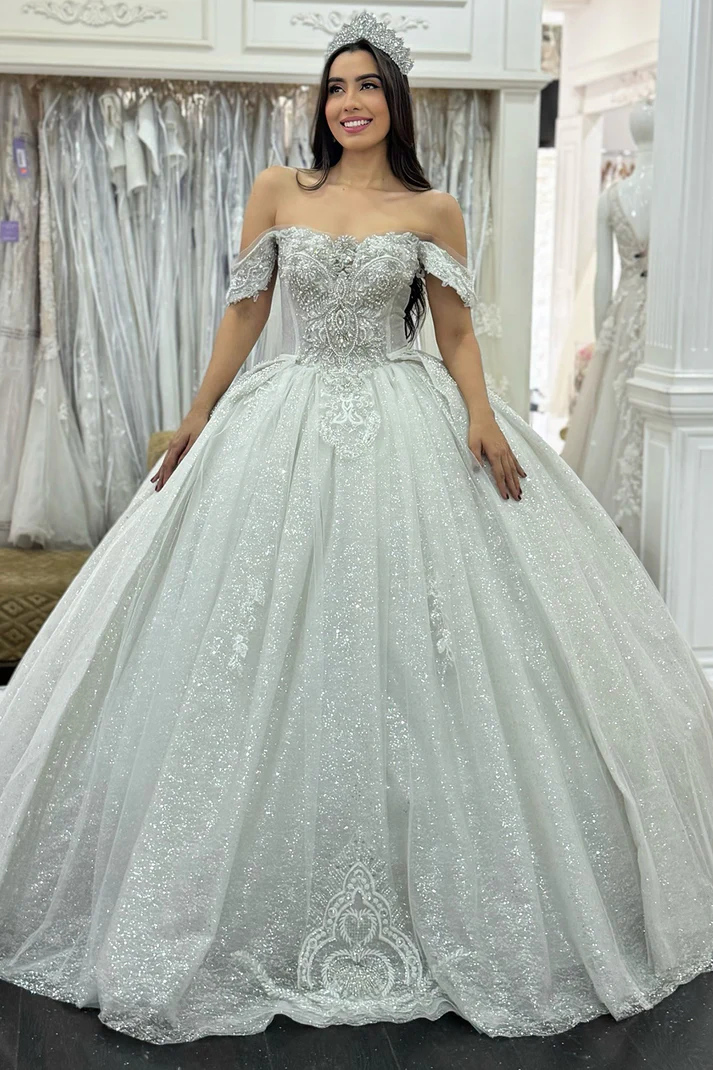 Glittery Sequin Beaded Off Shoulder Wedding Dresses Princess Bride Wedding Gowns