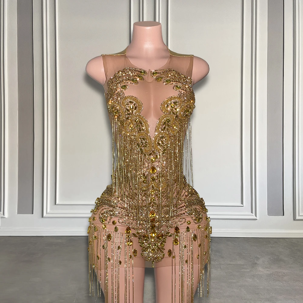 Gold Luxury Rhinestone Prom Dresses for Black Girls Short Party Gowns Crystal Tassel Birthday Homecoming Dresses Customized