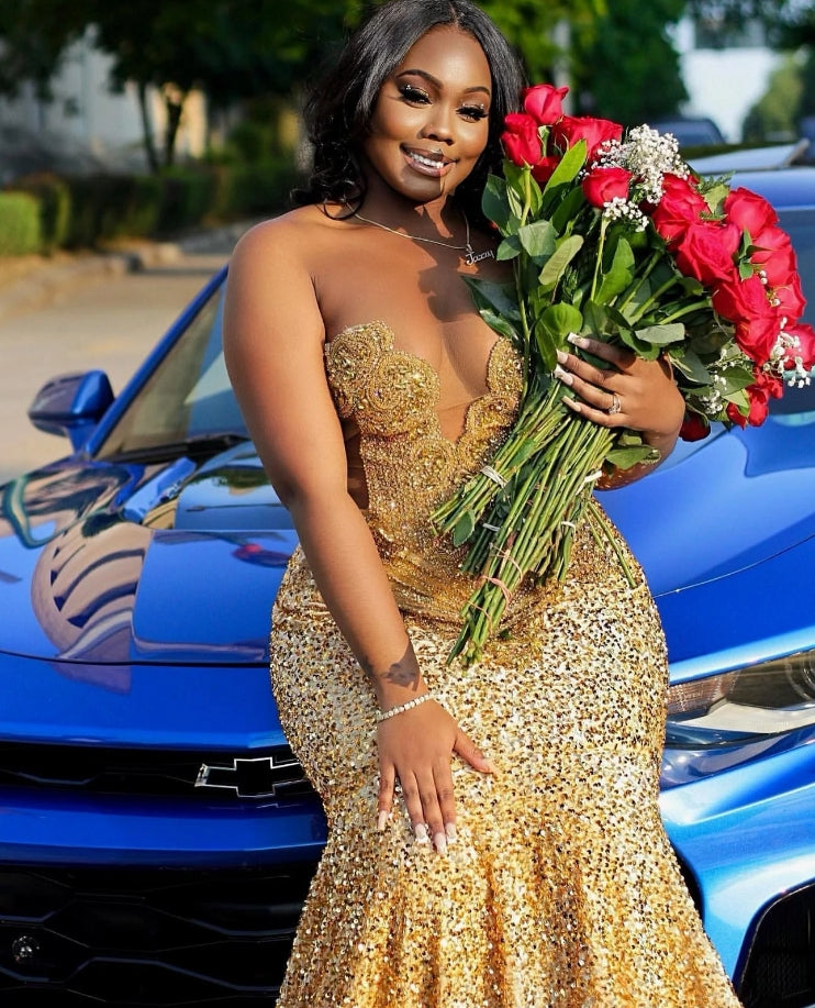 Gold Sequins Mermaid Prom Dress For Black Girls Crystal Rhinestone Beaded Party Gala Gown
