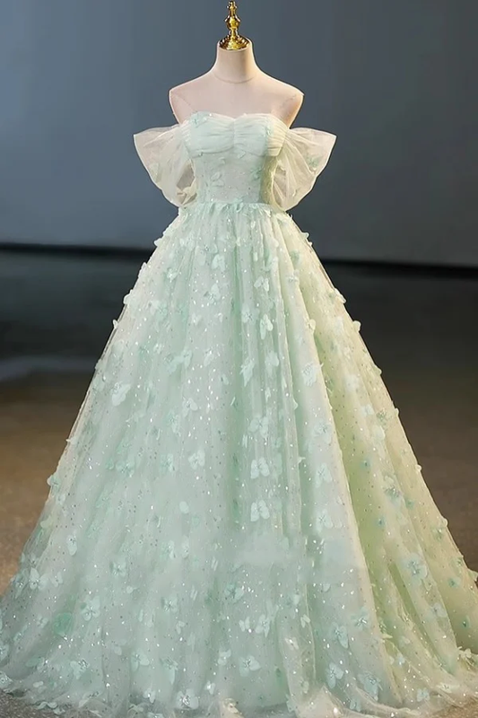 Gorgeous A-Line Off Shoulder Sleeveless Pleated 3D Butterflies Appliques Prom Party Dress Evening Formal Gown Birthday Party Dress