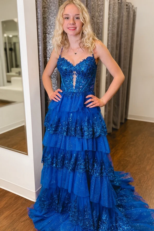 Gorgeous A-Line Sweetheart Neck Spaghetti Straps Sleeveless Prom Party Dress Sequins Lace Appliques Tiered High Side Slit and Train Evening Party Gown