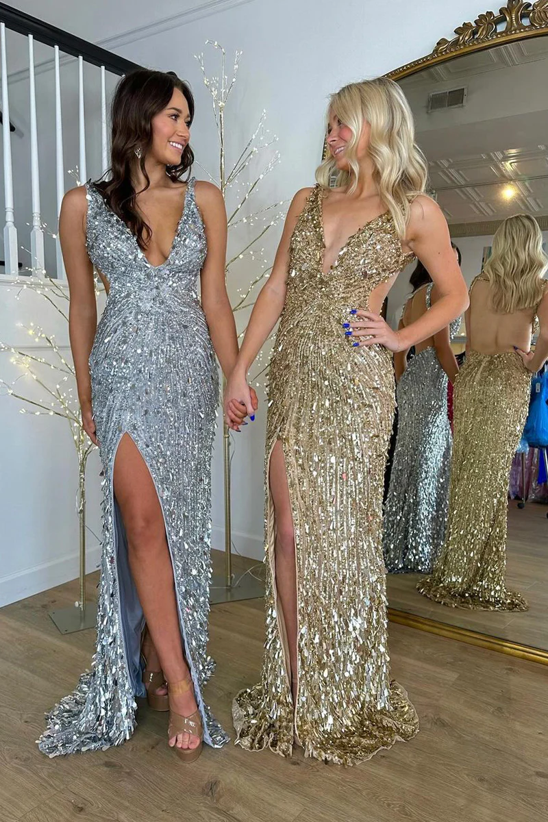 Gorgeous Gold Sequins Mermaid Long Prom Dresses with Slit with Beading