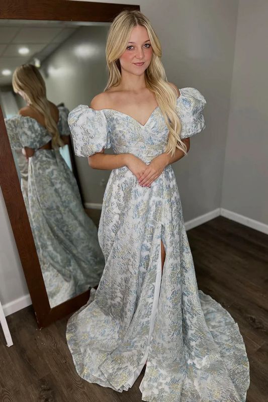 Gorgeous Off the Shoulder Jacquard Satin Prom Dress with Slit