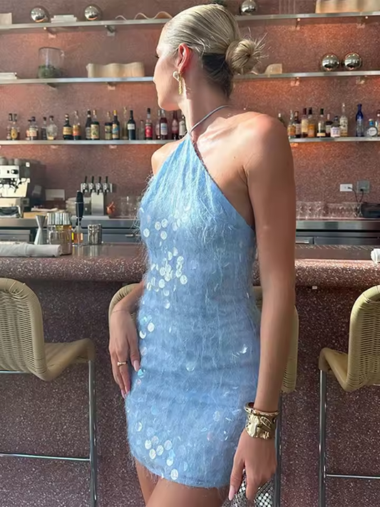Halter Sequin Short Dress Hanging Neck Bead Sexy Backless Cross Strap Slim Fit Women Mini Dresses Party Light Luxury Gown Summer
