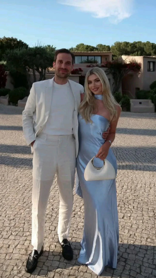 Light Blue Simple Elegant Fashion Long Satin Prom Dress Evening Dress Wedding Guest Party Dress