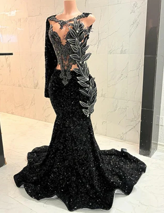 Long Black Sequin Prom Dresses with Long Sleeve Sparkly Crystals Mermaid Black Girls Prom Gowns Luxury Customized