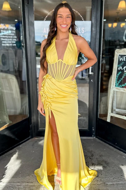 Low V Neck Halter Bow Knot High Side Slit and Train Prom Dress