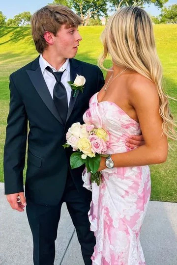 Mermaid Floral Printing Strapless Sweetheart Pink Stain Ruffled Long Prom Dress