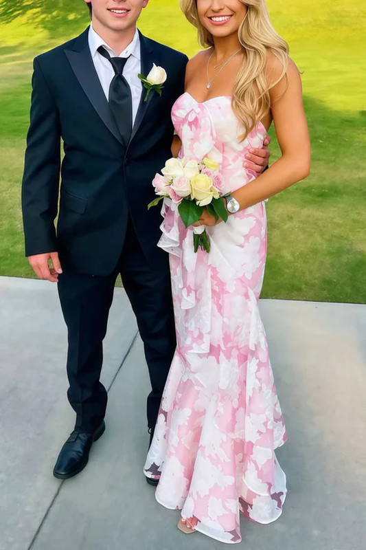 Mermaid Floral Printing Strapless Sweetheart Pink Stain Ruffled Long Prom Dress