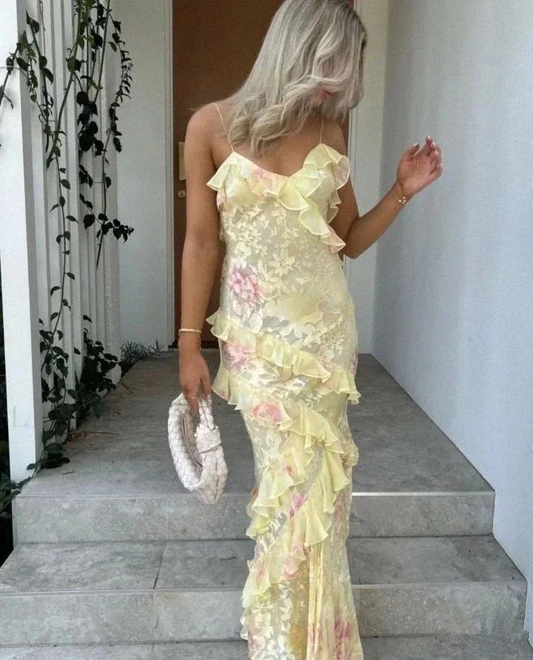Mermaid Spaghetti Straps Floor Length Floral Yellow Chiffon Evening Dress Prom Dresses