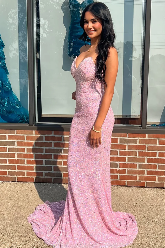 Mermaid Strapless Pink Sequins Long Prom Dresses