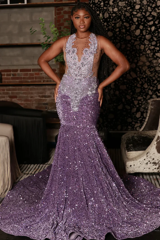 Mermaid V Neck Straps Sleeveless Beaded Velvet Sequins Lavenda Prom Dress