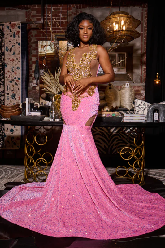 Mermaid V Neck Straps Sleeveless Gold Beaded Pink Velvet Sequins Prom Dress
