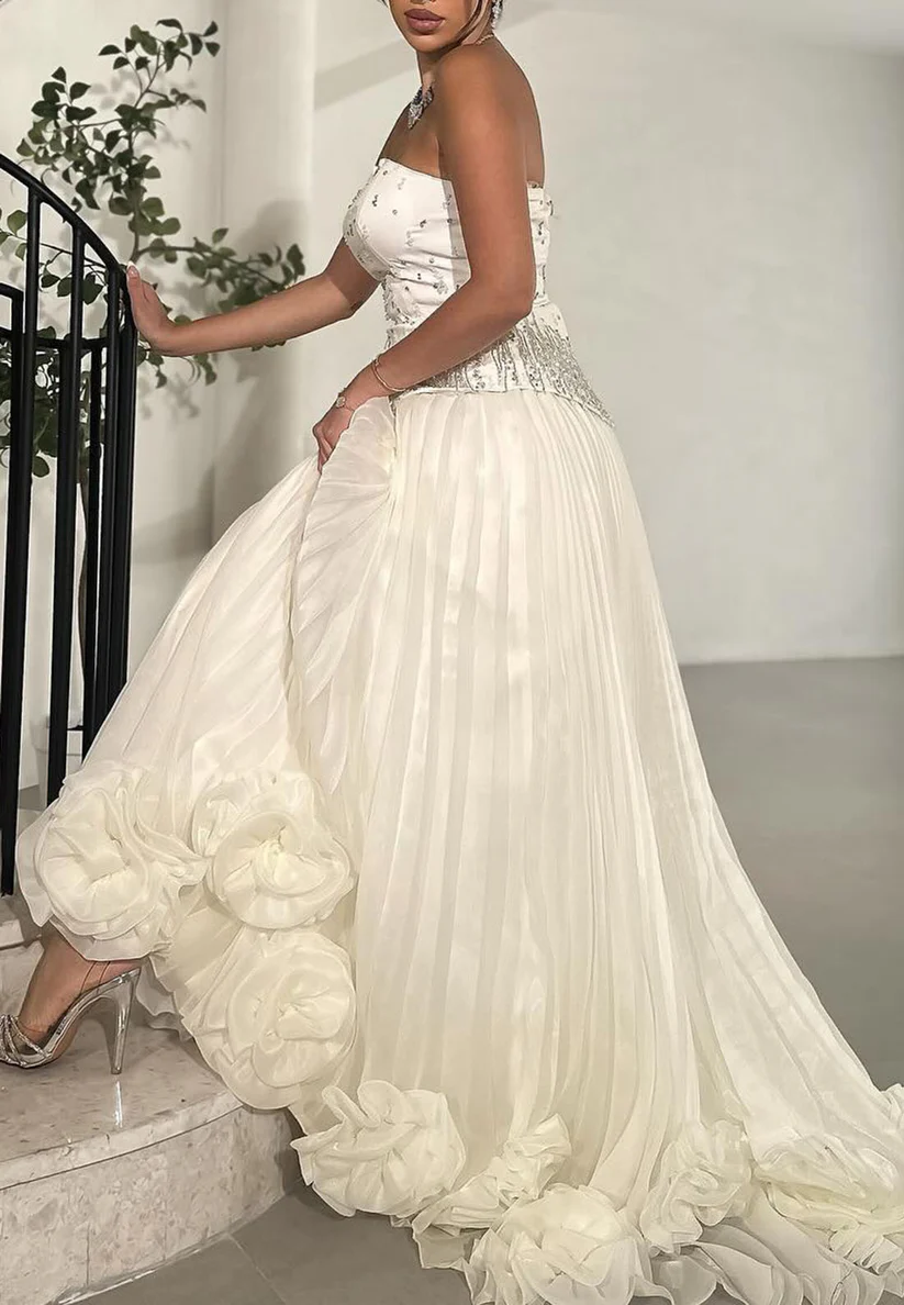 Off-Shoulder Beaded Pleated 3D Floral A-Line Evening Dress