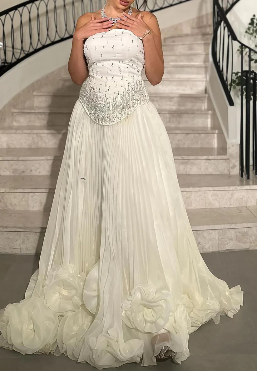 Off-Shoulder Beaded Pleated 3D Floral A-Line Evening Dress