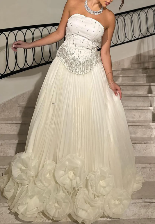 Off-Shoulder Beaded Pleated 3D Floral A-Line Evening Dress