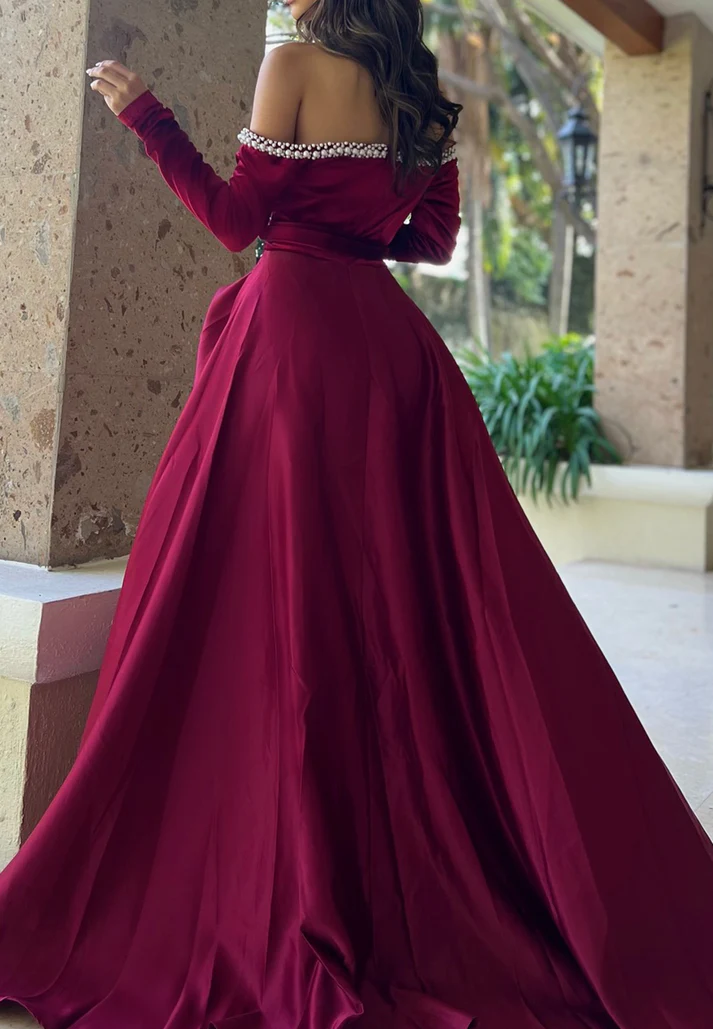 Off-Shoulder Long Sleeves Beaded High Slit A-Line Prom Dress