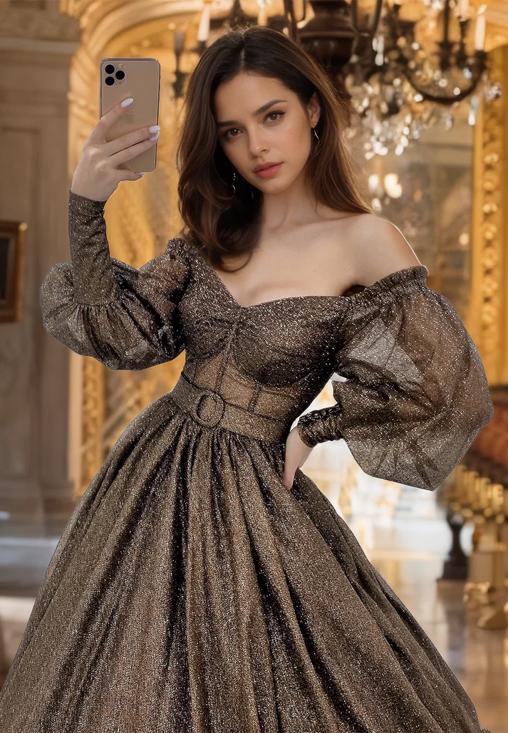 Off-Shoulder Long Sleeves Pleated Sparkly Prom Dress