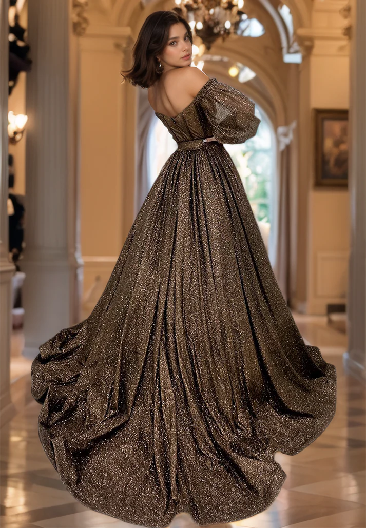 Off-Shoulder Long Sleeves Pleated Sparkly Prom Dress