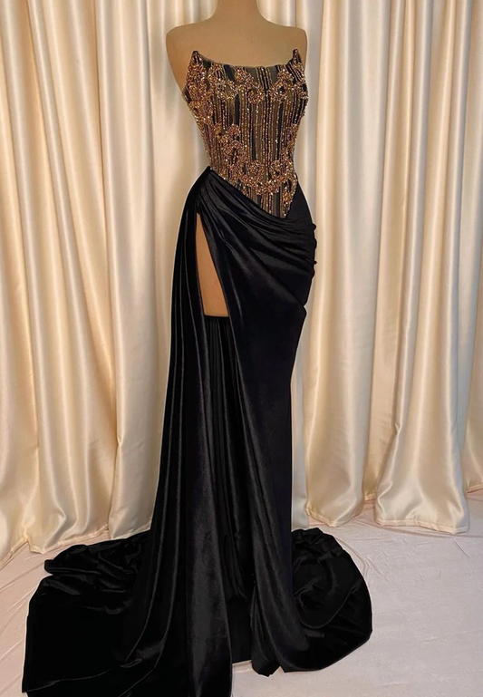 Off-Shoulder Sleeveless Beaded High Slit Sheath Prom Dress