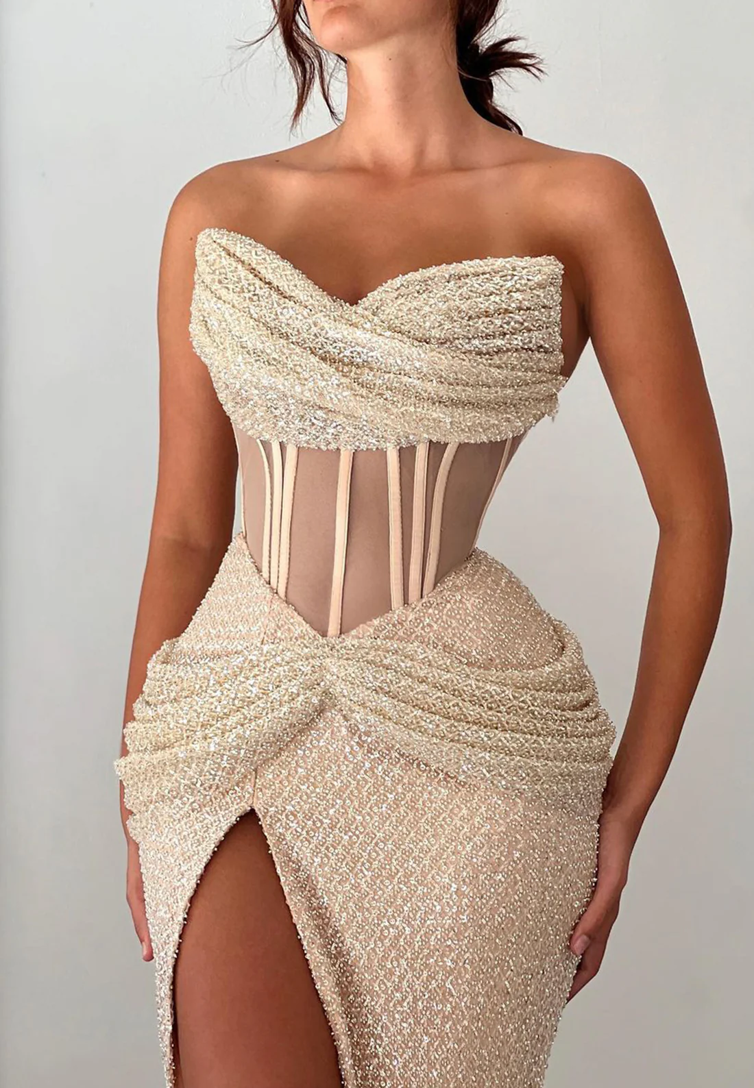 Off-Shoulder Sleeveless High Slit Sheer Mermaid Prom Formal Dress