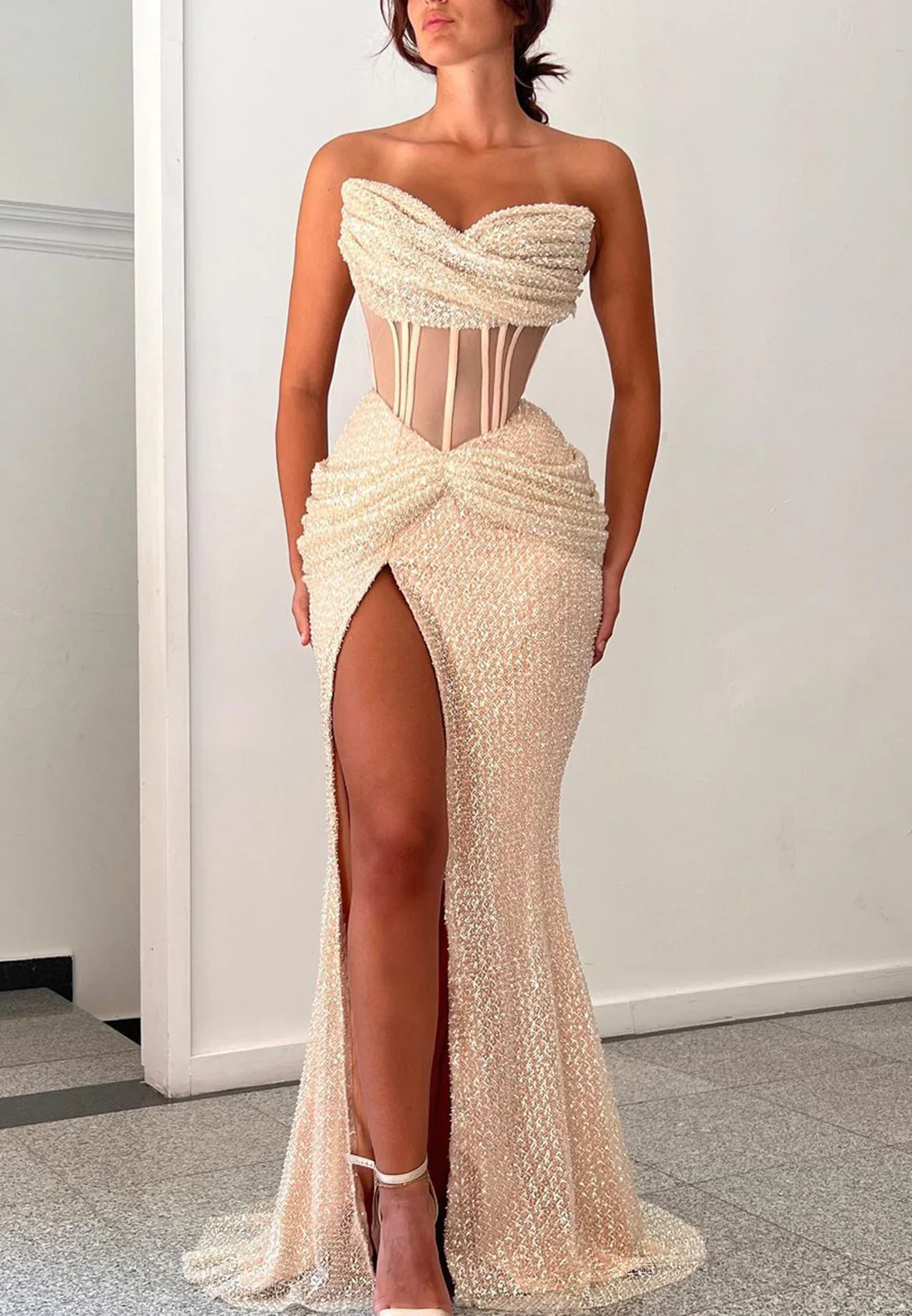 Off-Shoulder Sleeveless High Slit Sheer Mermaid Prom Formal Dress