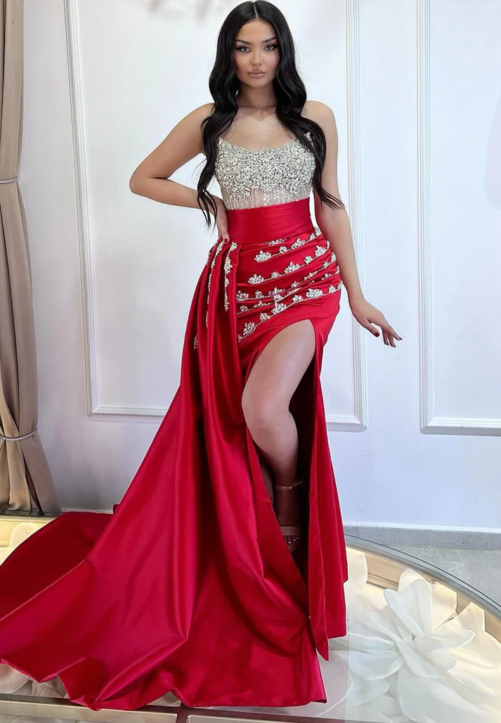 Off-Shoulder Strapless Beaded Pleated Side Slit Sheath Prom Dress