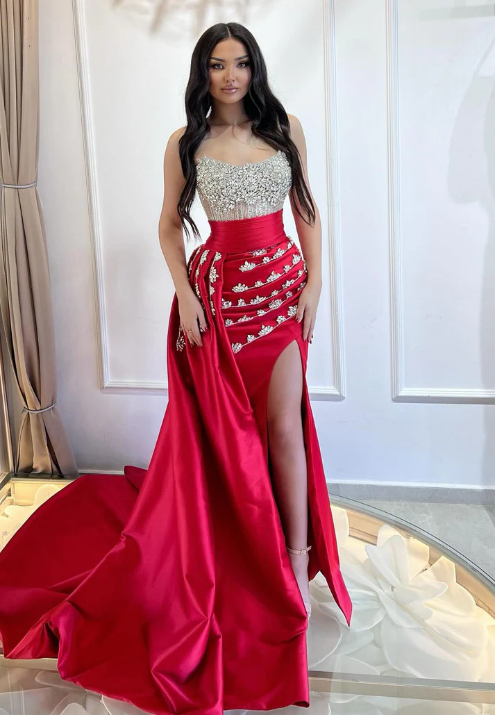 Off-Shoulder Strapless Beaded Pleated Side Slit Sheath Prom Dress