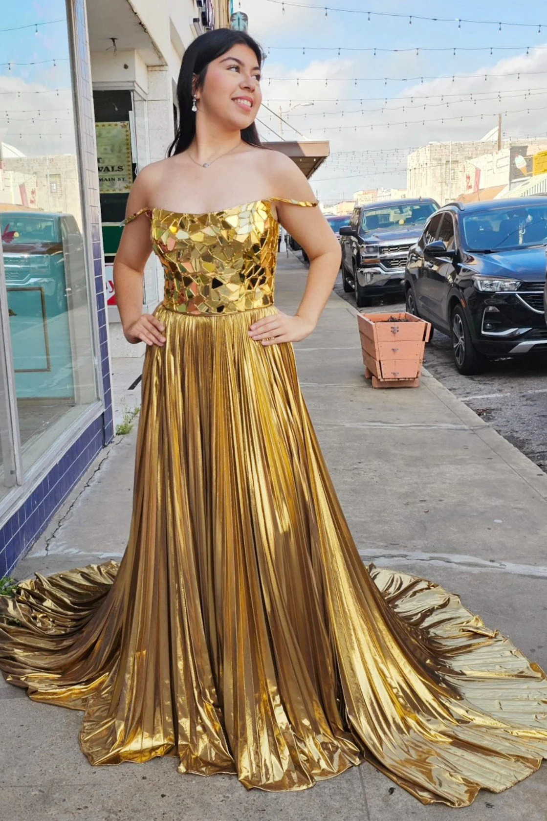 Off-the-Shoulder Pleated Prom Dress with Broken Mirrors