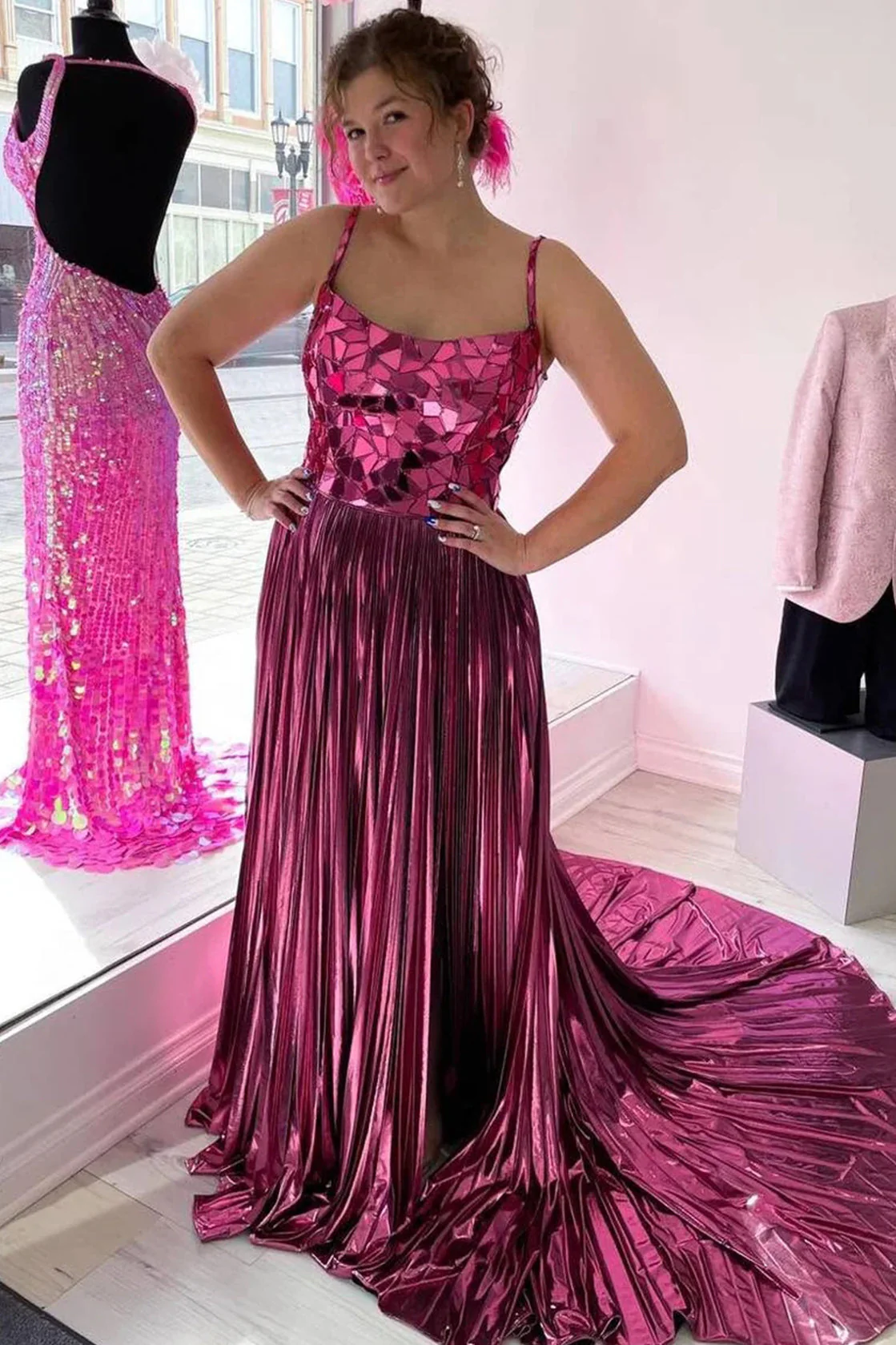 Off-the-Shoulder Pleated Prom Dress with Broken Mirrors