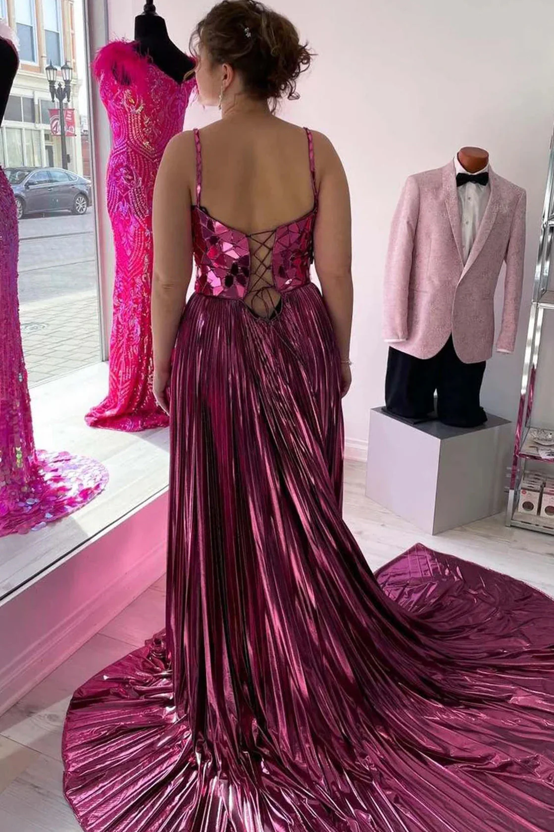 Off-the-Shoulder Pleated Prom Dress with Broken Mirrors