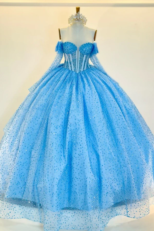 Off Shoulder Long Sleeves Blue Sweet 15 Quinceañera Dress with Bow Knot Beaded Sequins