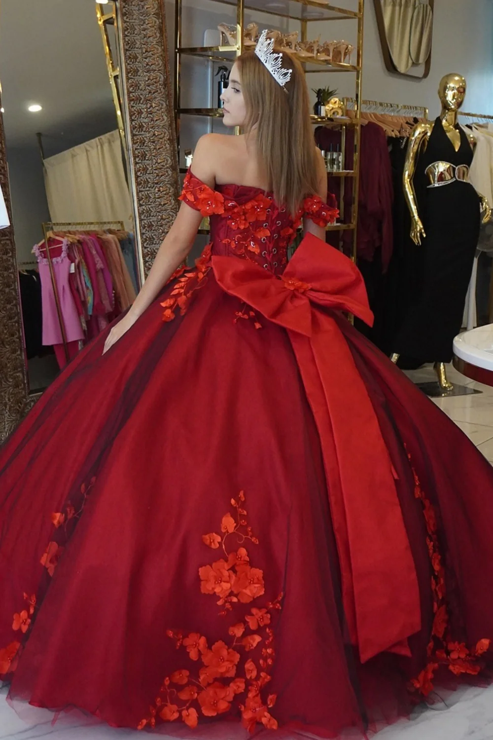 Off Shoulder Sleeveless 3D Flower Appliques Beaded Bow Knot Red Quinceañera Dress