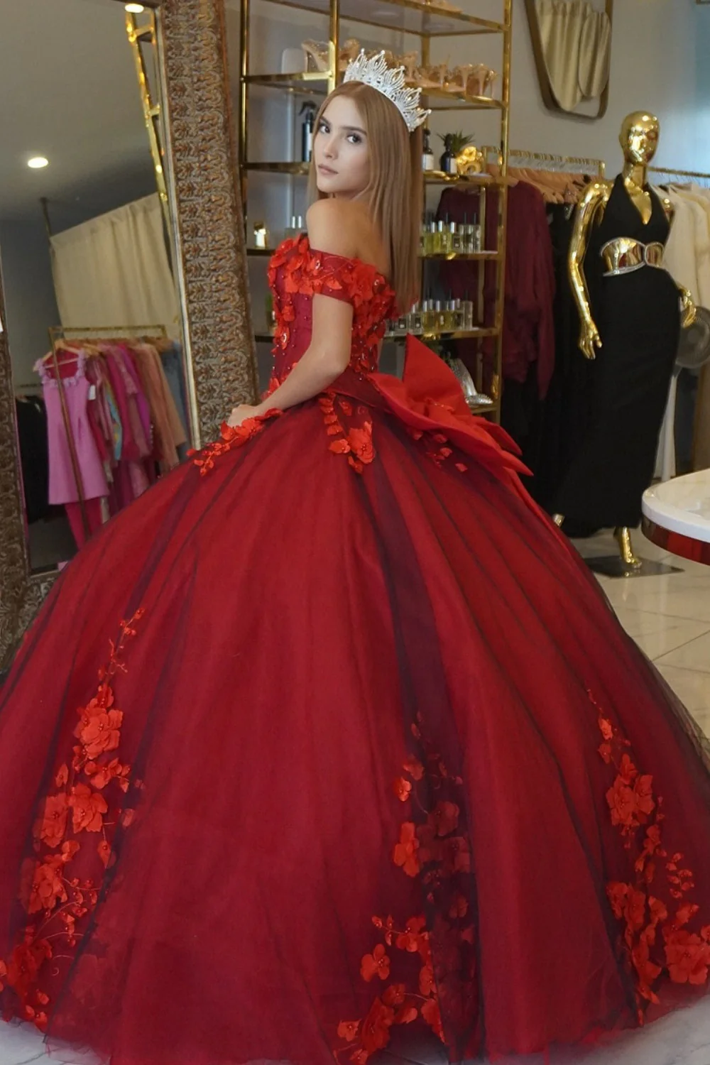 Off Shoulder Sleeveless 3D Flower Appliques Beaded Bow Knot Red Quinceañera Dress