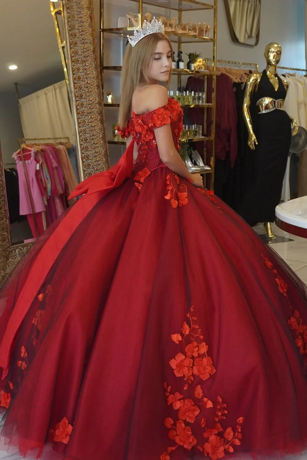 Off Shoulder Sleeveless 3D Flower Appliques Beaded Bow Knot Red Quinceañera Dress