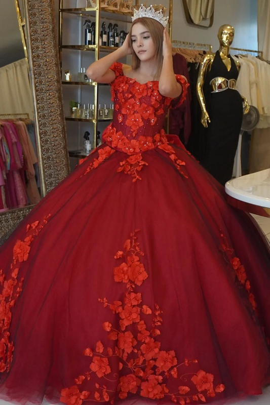 Off Shoulder Sleeveless 3D Flower Appliques Beaded Bow Knot Red Quinceañera Dress