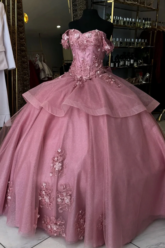Off Shoulder Sleeveless 3D Flower Appliques Bow Knot Pink Sweet 15 Quinceañera Dress