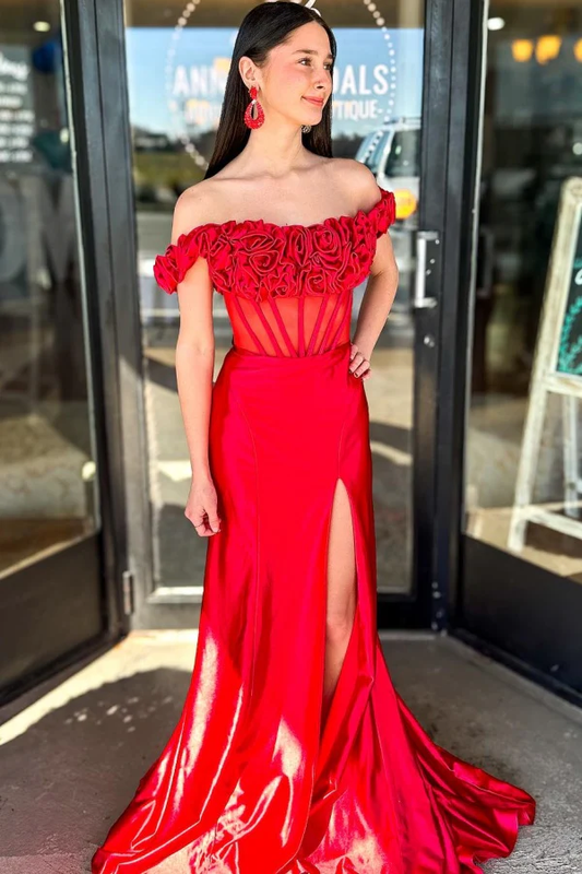 Off Shoulder Sleeveless 3D Flowers High Side Slit Prom Dress