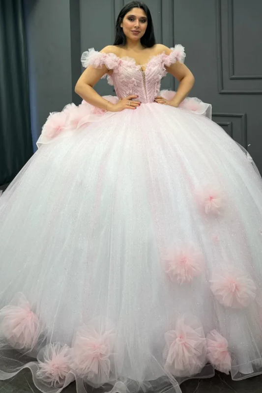 Off Shoulder Sleeveless Beaded 3D Flower White Quinceanera Dress for Sweet 16