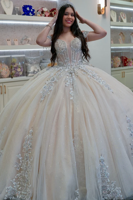 Off Shoulder Sleeveless Beaded Appliques Bow Knot Champagne Sweet 15 Quinceañera Dress
