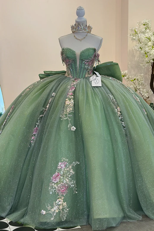 Off Shoulder Sleeveless Beaded Appliques Bow Knot Green Sweet 15 Quinceañera Dress