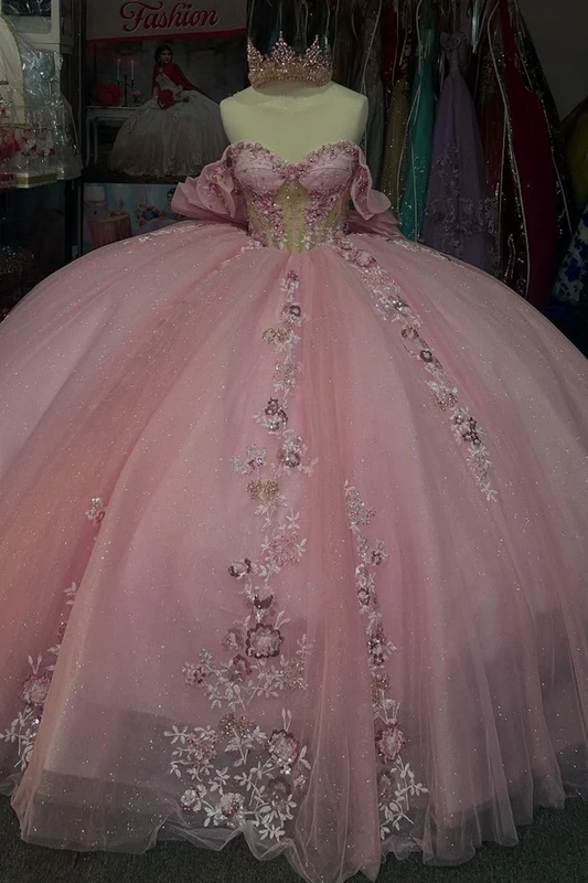 Off Shoulder Sleeveless Beaded Appliques Bow Knot Pink Sweet 15 Quinceañera Dress