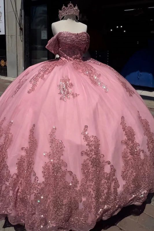 Off Shoulder Sleeveless Beaded Appliques Bow Knot Ruffles Pink Sweet 15 Quinceañera Dress