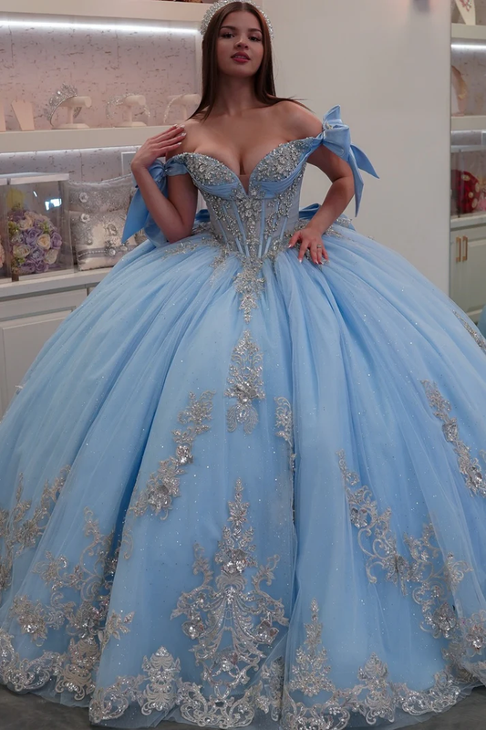 Off Shoulder Sleeveless Beaded Crystal Silver Appliques Bow Knot Blue Sweet 15 Quinceañera Dress