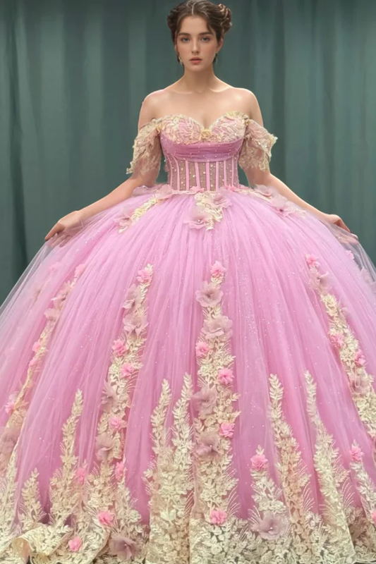 Off Shoulder Sleeveless Beaded Gold Appliques 3D Flower Pink Quinceanera Dress