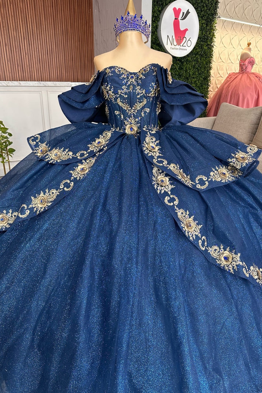 Off Shoulder Sleeveless Beaded Gold Appliques Ruffles Navy Sweet 15 Quinceañera Dress